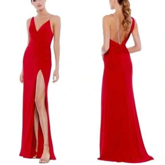 Macduggal Dresses & Skirts - Ieena for Mac Duggal 26532 Red Jersey Evening Gown Pearl Strap V-Neck Size 2 NEW